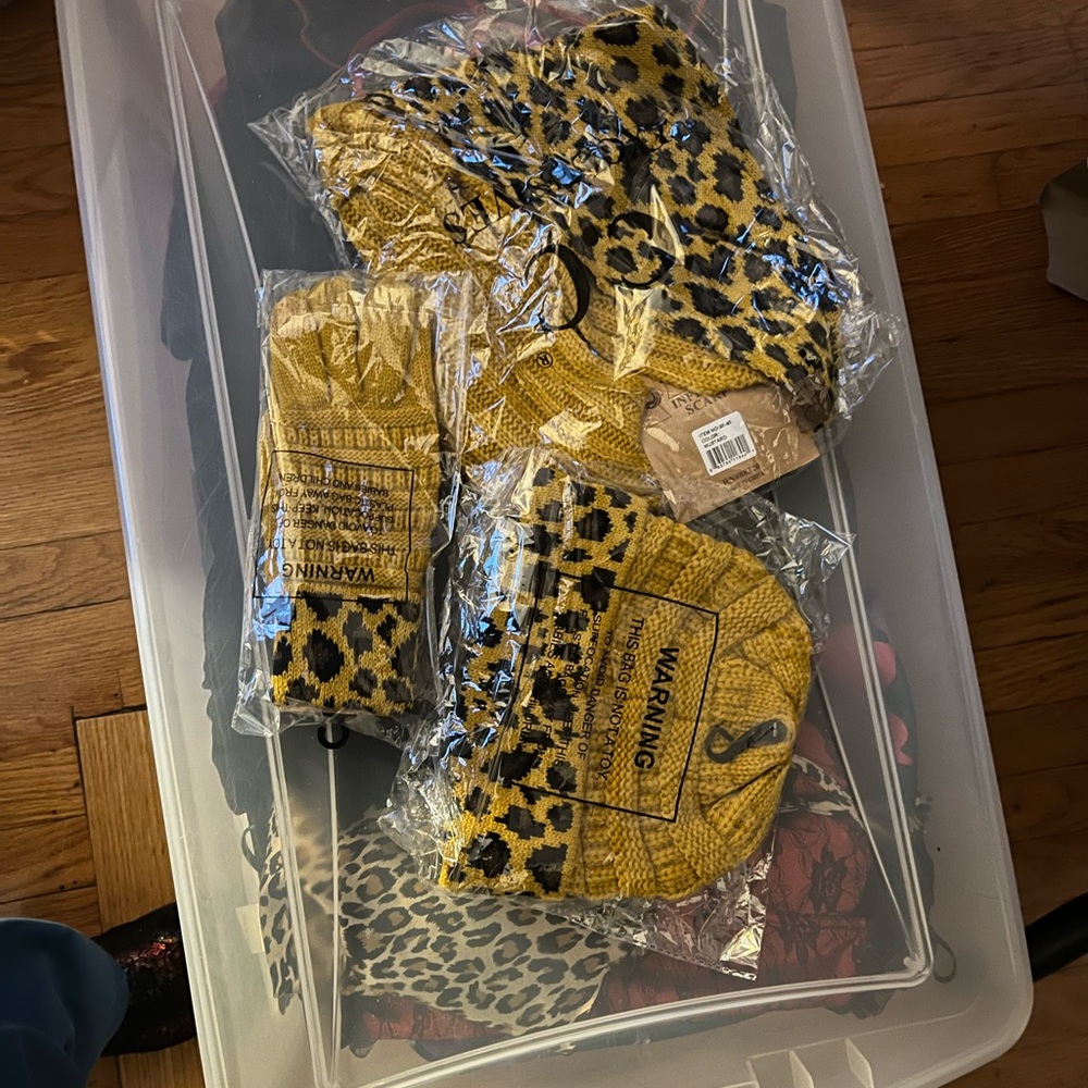 Leopard hat, gloves, and scarf set